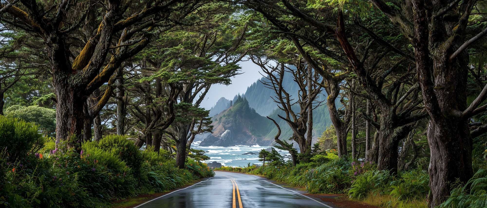 Quiet coastal road through open landscape in Southern Oregon