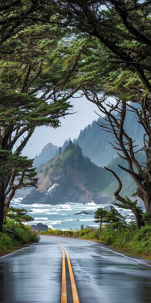 Quiet coastal road through open landscape in Southern Oregon