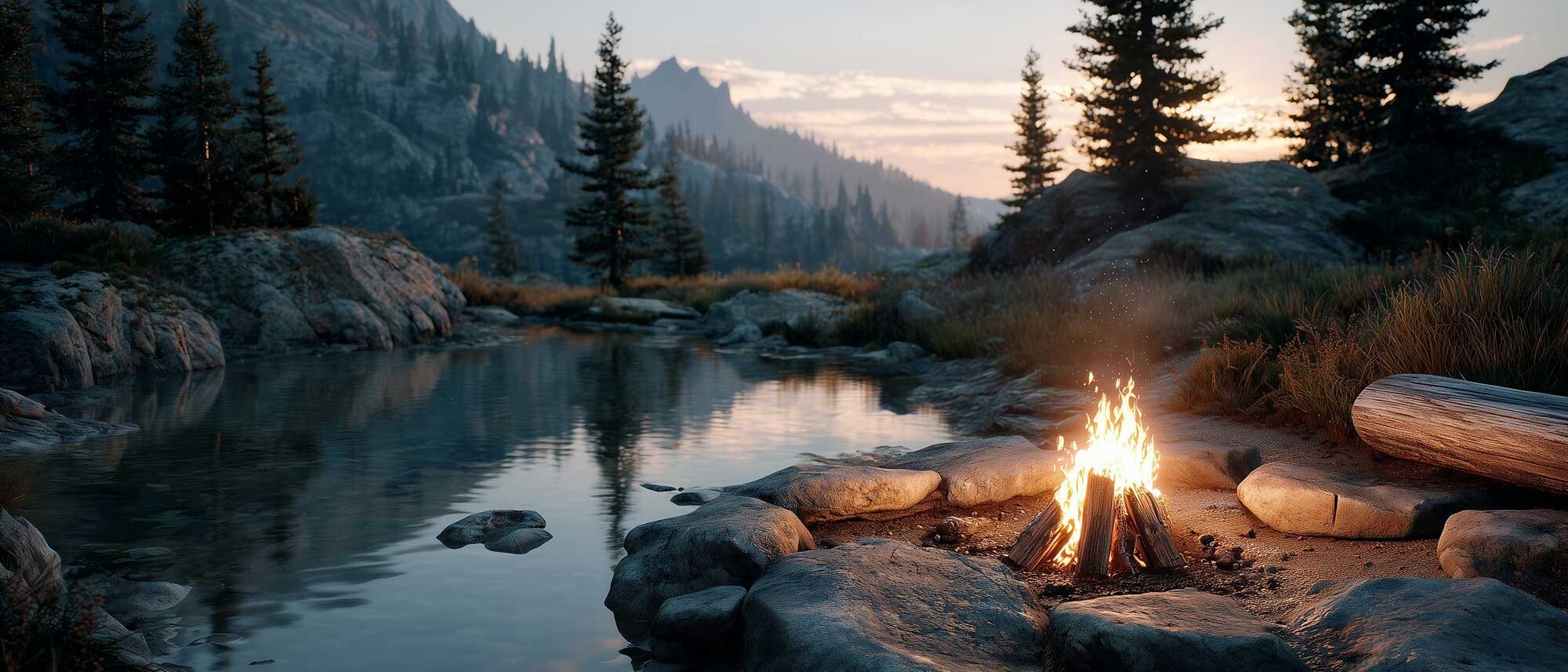 Campfire at dusk in an outdoor mountain setting