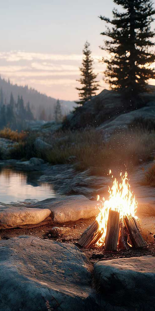 Campfire at dusk in an outdoor mountain setting