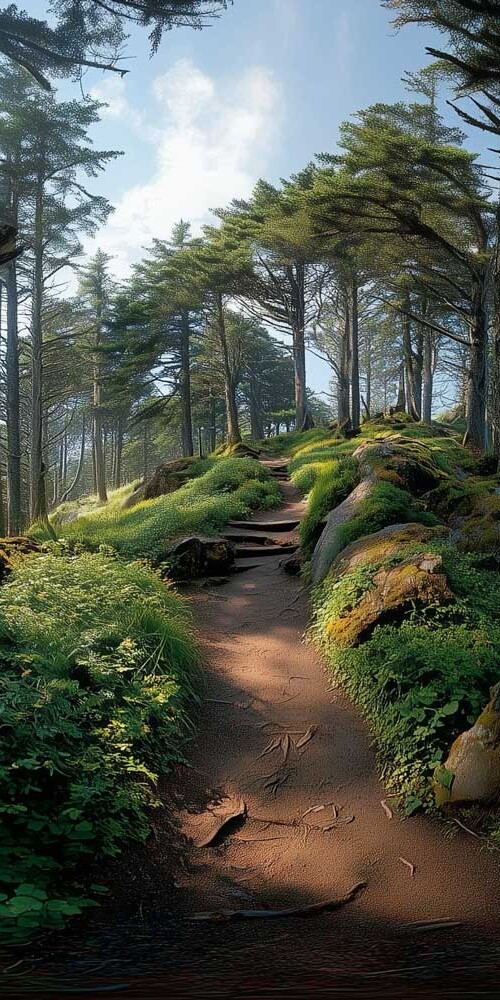 Forest trail through coastal woodland in Southern Oregon