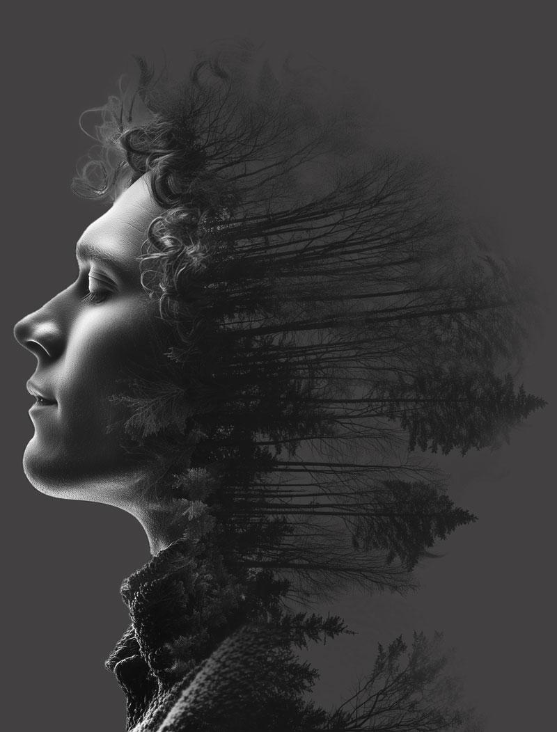 Artistic image of a woman whose hair blends into trees, symbolizing connection with nature